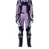 Fox Racing 180 Raid Pants (Womens) in Lavender Drift, close-up of the side thigh and knee panels, with the ratcheting waist adjuster, stretch yoke, shaped hip panel, and reinforced knee or thigh material. Available options—Color: Lavender Drift, Melon; Size: 2, 4, 6, 8, 10, 12, 14, 16. SKU 40700-F07-10. UPC 198571126875.
