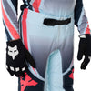 Fox Racing Flexair Arc Pants (Youth) in Ice Blue, close-up of the waist and hip panels, with the ratcheting waist adjuster, stretch yoke, shaped hip panel, and reinforced knee or thigh material. Available options—Color: Ice Blue, Chili; Size: Y-22, Y-24, Y-26, Y-28. SKU 40701-231-26. UPC 198571126615.