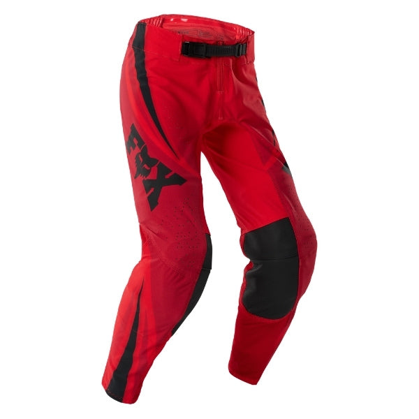 Fox Racing Flexair Arc Pants (Youth) in Chili, close-up of the waist and hip panels, with the ratcheting waist adjuster, stretch yoke, shaped hip panel, and reinforced knee or thigh material. Available options—Color: Ice Blue, Chili; Size: Y-22, Y-24, Y-26, Y-28. SKU 40701-555-26. UPC 198571124574.