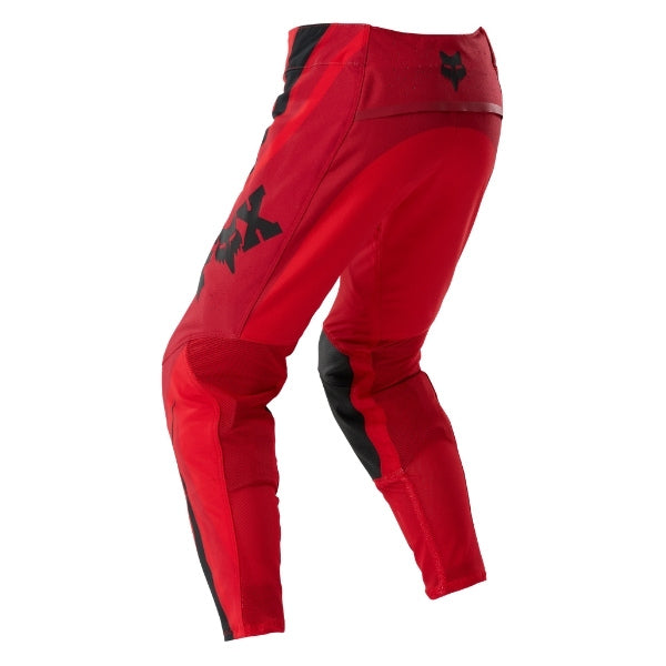 Fox Racing Flexair Arc Pants (Youth) in Chili, close-up of the ratcheting waist closure, with the ratcheting waist adjuster, stretch yoke, shaped hip panel, and reinforced knee or thigh material. Available options—Color: Ice Blue, Chili; Size: Y-22, Y-24, Y-26, Y-28. SKU 40701-555-28. UPC 198571124581.
