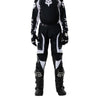 Fox Racing 180 Frame Pants (Youth) in Red, close-up of the side thigh and knee panels, with the ratcheting waist adjuster, stretch yoke, shaped hip panel, and reinforced knee or thigh material. Available options—Color: Blue, Grey/Yellow, Black, Red; Size: Y-22, Y-24, Y-26, Y-28.