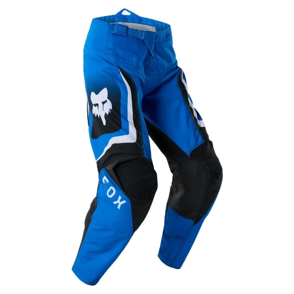 Fox Racing 180 Frame Pants (Youth) in Blue, front product view, with the adjustable waist, articulated knees, contrasting leg graphics, reinforced inner knees, and tapered cuffs. Available options—Color: Blue, Grey/Yellow, Black, Red; Size: Y-22, Y-24, Y-26, Y-28. SKU 40702-002-22. UPC 198571124116.