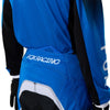 Fox Racing 180 Frame Pants (Youth) in Blue, close-up of the ratcheting waist closure, with the ratcheting waist adjuster, stretch yoke, shaped hip panel, and reinforced knee or thigh material. Available options—Color: Blue, Grey/Yellow, Black, Red; Size: Y-22, Y-24, Y-26, Y-28. SKU 40702-002-28. UPC 198571124147.