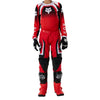 Fox Racing 180 Frame Pants (Youth) in Red, close-up of the waist and hip panels, with the ratcheting waist adjuster, stretch yoke, shaped hip panel, and reinforced knee or thigh material. Available options—Color: Blue, Grey/Yellow, Black, Red; Size: Y-22, Y-24, Y-26, Y-28.