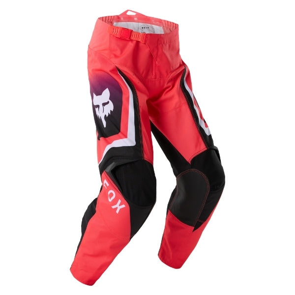 Fox Racing 180 Frame Pants (Girls) in Neon Pink, front product view, with the adjustable waist, articulated knees, contrasting leg graphics, reinforced inner knees, and tapered cuffs. Available options—Color: Neon Pink, Deep Blue; Size: Y-22, Y-24, Y-26, Y-28. SKU 40705-065-22. UPC 198571128220.