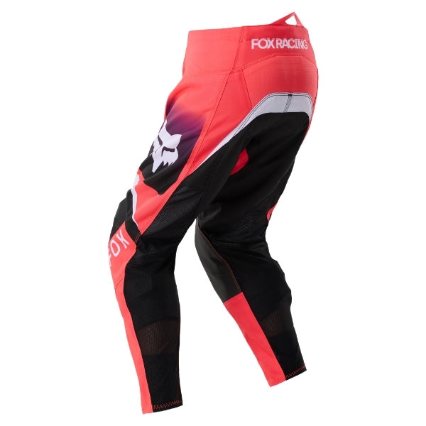Fox Racing 180 Frame Pants (Girls) in Neon Pink, rear product view, with the reinforced seat, rear yoke, articulated knees, tapered legs, and lower-leg graphics. Available options—Color: Neon Pink, Deep Blue; Size: Y-22, Y-24, Y-26, Y-28. SKU 40705-065-24. UPC 198571128237.