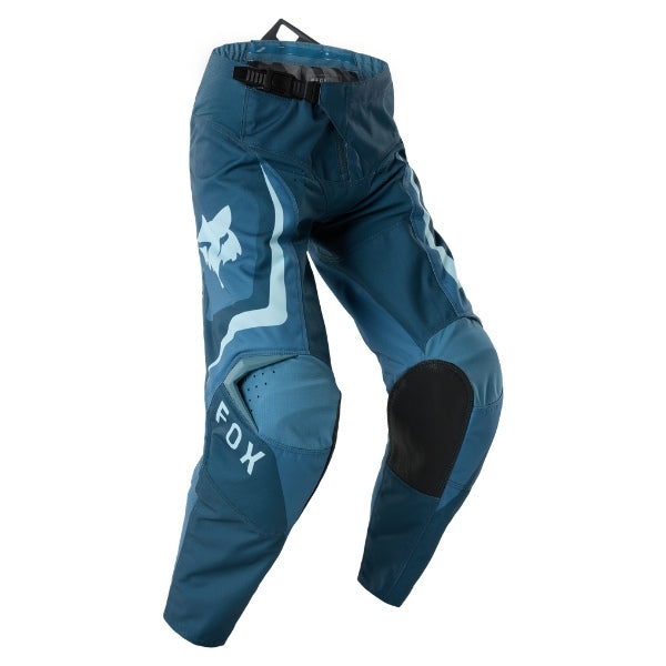 Fox Racing 180 Frame Pants (Girls) in Neon Pink, close-up of the waist and hip panels, with the ratcheting waist adjuster, stretch yoke, shaped hip panel, and reinforced knee or thigh material. Available options—Color: Neon Pink, Deep Blue; Size: Y-22, Y-24, Y-26, Y-28. SKU 40705-065-26. UPC 198571128244.