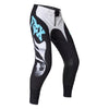 Fox Racing 360 Clutch Pants in White/Black, front product view, with the adjustable waist, articulated knees, contrasting leg graphics, reinforced inner knees, and tapered cuffs. Available options—Color: White/Black, Neon Pink; Size: 28, 30, 32, 34, 36, 38. SKU 40707-058-28. UPC 198571132548.