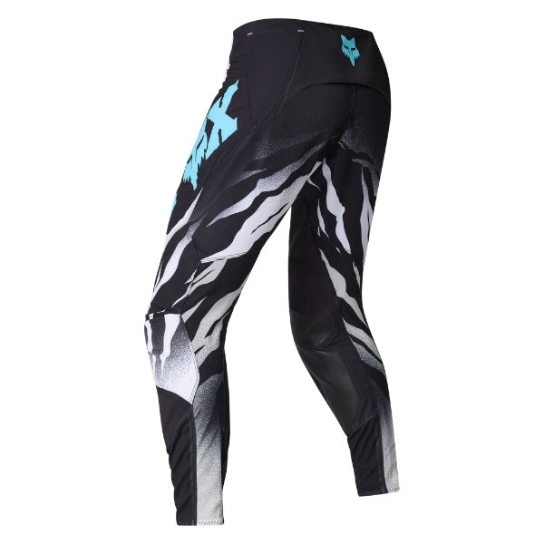 Fox Racing 360 Clutch Pants in White/Black, rear product view, with the reinforced seat, rear yoke, articulated knees, tapered legs, and lower-leg graphics. Available options—Color: White/Black, Neon Pink; Size: 28, 30, 32, 34, 36, 38. SKU 40707-058-30. UPC 198571132555.