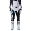 Fox Racing 360 Clutch Pants in White/Black, close-up of the side thigh and knee panels, with the ratcheting waist adjuster, stretch yoke, shaped hip panel, and reinforced knee or thigh material. Available options—Color: White/Black, Neon Pink; Size: 28, 30, 32, 34, 36, 38. SKU 40707-058-36. UPC 198571132586.