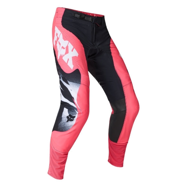 Fox Racing 360 Clutch Pants in Neon Pink, front product view, with the adjustable waist, articulated knees, contrasting leg graphics, reinforced inner knees, and tapered cuffs. Available options—Color: White/Black, Neon Pink; Size: 28, 30, 32, 34, 36, 38. SKU 40707-065-28. UPC 198571128022.