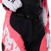 Fox Racing 360 Clutch Pants in Neon Pink, close-up of the waist and hip panels, with the ratcheting waist adjuster, stretch yoke, shaped hip panel, and reinforced knee or thigh material. Available options—Color: White/Black, Neon Pink; Size: 28, 30, 32, 34, 36, 38. SKU 40707-065-32. UPC 198571128046.