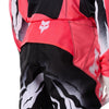 Fox Racing 360 Clutch Pants in Neon Pink, close-up of the ratcheting waist closure, with the ratcheting waist adjuster, stretch yoke, shaped hip panel, and reinforced knee or thigh material. Available options—Color: White/Black, Neon Pink; Size: 28, 30, 32, 34, 36, 38. SKU 40707-065-34. UPC 198571128053.