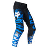 Fox Racing 180 HD38 Pants in Black/Blue, front product view, with the adjustable waist, articulated knees, contrasting leg graphics, reinforced inner knees, and tapered cuffs. Available options—Color: Black/Blue; Size: 26, 28, 30, 32, 34, 36, 38. SKU 40709-013-26. UPC 198571135228.