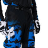 Fox Racing 180 HD38 Pants in Black/Blue, close-up of the waist and hip panels, with the ratcheting waist adjuster, stretch yoke, shaped hip panel, and reinforced knee or thigh material. Available options—Color: Black/Blue; Size: 26, 28, 30, 32, 34, 36, 38. SKU 40709-013-30. UPC 198571135242.