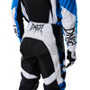 Fox Racing 180 HD38 Pants in Black/Blue, close-up of the ratcheting waist closure, with the ratcheting waist adjuster, stretch yoke, shaped hip panel, and reinforced knee or thigh material. Available options—Color: Black/Blue; Size: 26, 28, 30, 32, 34, 36, 38. SKU 40709-013-32. UPC 198571135259.