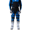 Fox Racing 180 HD38 Pants in Black/Blue, close-up of the side thigh and knee panels, with the ratcheting waist adjuster, stretch yoke, shaped hip panel, and reinforced knee or thigh material. Available options—Color: Black/Blue; Size: 26, 28, 30, 32, 34, 36, 38. SKU 40709-013-34. UPC 198571135266.