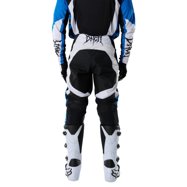 Fox Racing 180 HD38 Pants in Black/Blue, rear lower-leg and cuff view, with the reinforced seat, rear yoke, articulated knees, tapered legs, and lower-leg graphics. Available options—Color: Black/Blue; Size: 26, 28, 30, 32, 34, 36, 38. SKU 40709-013-36. UPC 198571135273.