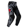 Fox Racing 180 Abyss Pants (Youth) in Black, front product view, with the adjustable waist, articulated knees, contrasting leg graphics, reinforced inner knees, and tapered cuffs. Available options—Color: Black; Size: Y-22, Y-24, Y-26, Y-28. SKU 40712-001-22. UPC 198571122570.