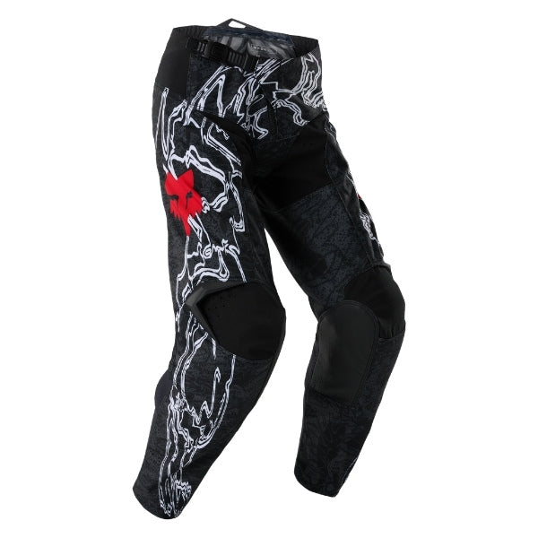 Fox Racing 180 Abyss Pants (Youth) in Black, front product view, with the adjustable waist, articulated knees, contrasting leg graphics, reinforced inner knees, and tapered cuffs. Available options—Color: Black; Size: Y-22, Y-24, Y-26, Y-28. SKU 40712-001-22. UPC 198571122570.