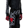 Fox Racing 180 Abyss Pants (Youth) in Black, close-up of the waist and hip panels, with the ratcheting waist adjuster, stretch yoke, shaped hip panel, and reinforced knee or thigh material. Available options—Color: Black; Size: Y-22, Y-24, Y-26, Y-28. SKU 40712-001-26. UPC 198571122594.