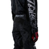 Fox Racing 180 Abyss Pants (Youth) in Black, close-up of the ratcheting waist closure, with the ratcheting waist adjuster, stretch yoke, shaped hip panel, and reinforced knee or thigh material. Available options—Color: Black; Size: Y-22, Y-24, Y-26, Y-28. SKU 40712-001-28. UPC 198571122600.