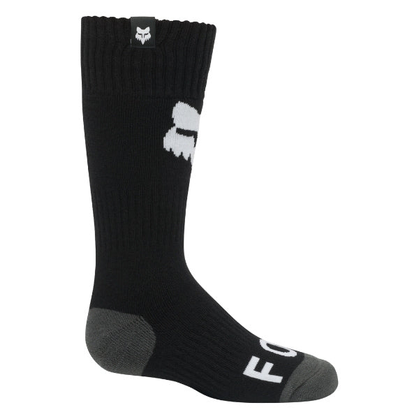 Fox Racing 180 Elevated Core Socks (Youth) in Black, full side profile, with the ribbed cuff, knitted Fox graphics, shaped heel, reinforced toe, and ventilated stretch knit. Available options—Color: Black, Red; Size: Y-SM, Y-LG. SKU 40719-001-YS. UPC 198571122471.