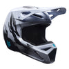 Fox Racing V1 Clutch Helmet in White/Black, left-side profile, with the extended visor, open face port, angular chin bar, side vents, and Fox graphics. Available options—Color: Neon Pink, White/Black; Size: XS, SM, MD, LG, XL, 2X. SKU 42140-058-XS. UPC 198571132654.