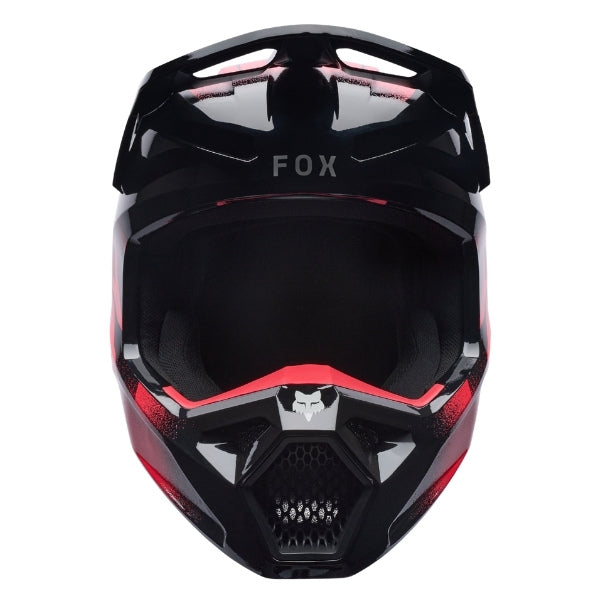 Fox Racing V1 Clutch Helmet in Neon Pink, front view, with the visor, wide goggle opening, vented chin bar, and brow vents centered in the frame. Available options—Color: Neon Pink, White/Black; Size: XS, SM, MD, LG, XL, 2X. SKU 42140-065-M. UPC 198571128725.