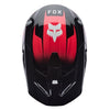Fox Racing V1 Clutch Helmet in Neon Pink, top view, with the visor tip, crown vents, shell graphics, and central Fox logo. Available options—Color: Neon Pink, White/Black; Size: XS, SM, MD, LG, XL, 2X. SKU 42140-065-XL. UPC 198571128749.