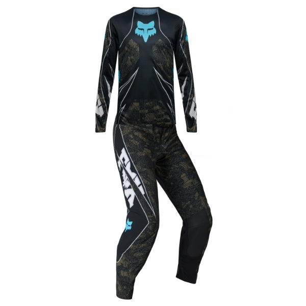 Fox Racing Flexair Apex Jersey, Pant Combo in Black, studio layout of the jersey and matching riding pants, with the long-sleeve jersey above coordinated pants, matching Fox graphics, articulated knees, and contrasting leg panels. Available option—Color: Black.