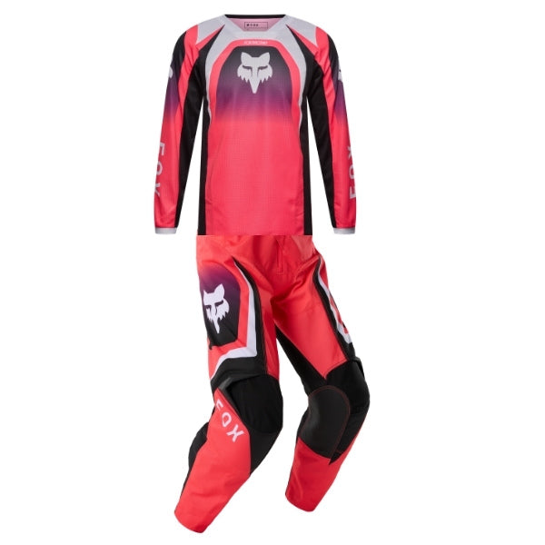 Fox Racing 180 Frame Jersey, Pant Combo (Girls) in Neon Pink, studio layout of the jersey and matching riding pants, with the long-sleeve jersey above coordinated pants, matching Fox graphics, articulated knees, and contrasting leg panels. Available options—Color: Neon Pink, Deep Blue.