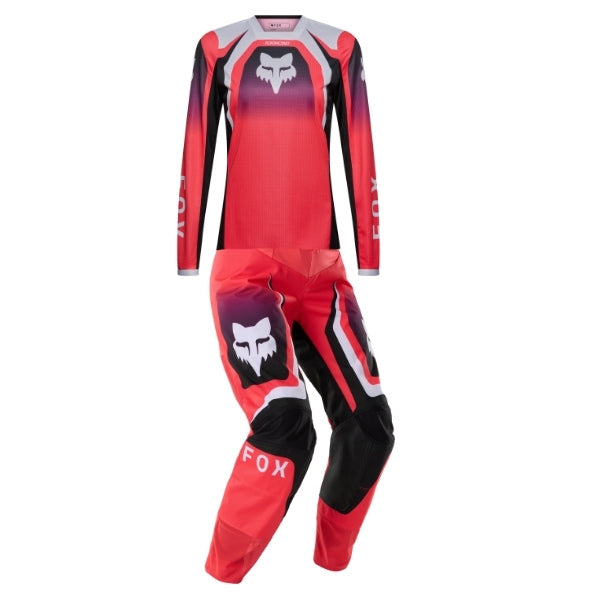 Fox Racing 180 Frame Jersey, Pant Combo (Womens) in Neon Pink, studio layout of the jersey and matching riding pants, with the long-sleeve jersey above coordinated pants, matching Fox graphics, articulated knees, and contrasting leg panels. Available options—Color: Neon Pink, Deep Blue.