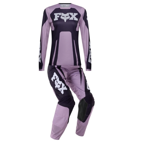 Fox Racing 180 Raid Jersey, Pant Combo (Womens) in Lavender Drift, studio layout of the jersey and matching riding pants, with the long-sleeve jersey above coordinated pants, matching Fox graphics, articulated knees, and contrasting leg panels. Available options—Color: Lavender Drift, Melon.