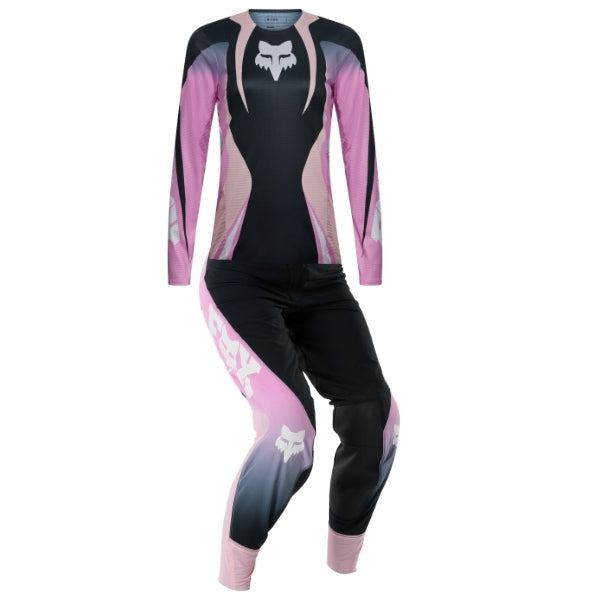 Fox Racing Flexair Thorn Jersey, Pant Combo (Womens) in Black/Pink, studio layout of the jersey and matching riding pants, with the long-sleeve jersey above coordinated pants, matching Fox graphics, articulated knees, and contrasting leg panels. Available options—Color: Black/Pink, Sky Blue.
