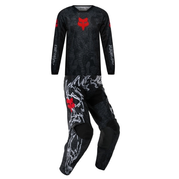 Fox Racing 180 Abyss Jersey, Pant Combo (Youth) in Black, studio layout of the jersey and matching riding pants, with the long-sleeve jersey above coordinated pants, matching Fox graphics, articulated knees, and contrasting leg panels. Available option—Color: Black.