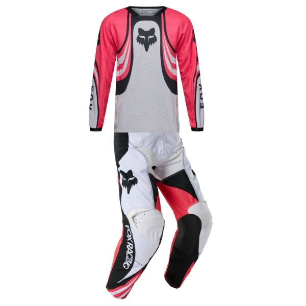 Fox Racing 180 Draft Jersey, Pant Combo (Youth) in White, studio layout of the jersey and matching riding pants, with the long-sleeve jersey above coordinated pants, matching Fox graphics, articulated knees, and contrasting leg panels. Available options—Color: White, Sunburst.