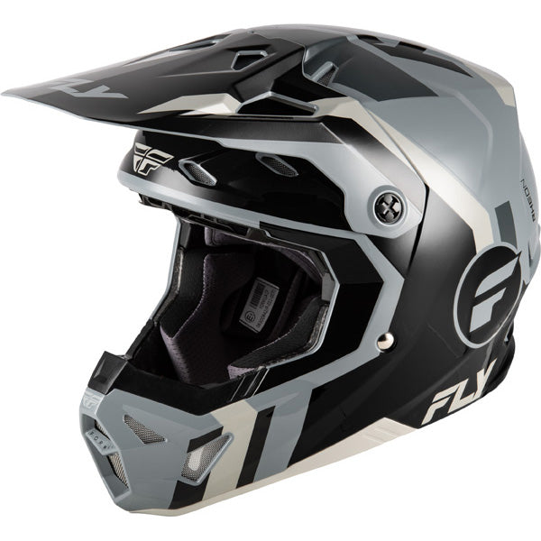 Studio view of fly racing , in black and grey and light grey, protective shell, on a white studio background, for motocross / off‑road use, | Fly Racing - Formula CP Seal Helmet | SKU 73-0040 | Colors: White/Black/Red, Black/Grey/Light Grey, Navy Blue/Grey, Matte Stone/Khaki/Olive | Sizes: XS to 2X | Available at BTO Sports