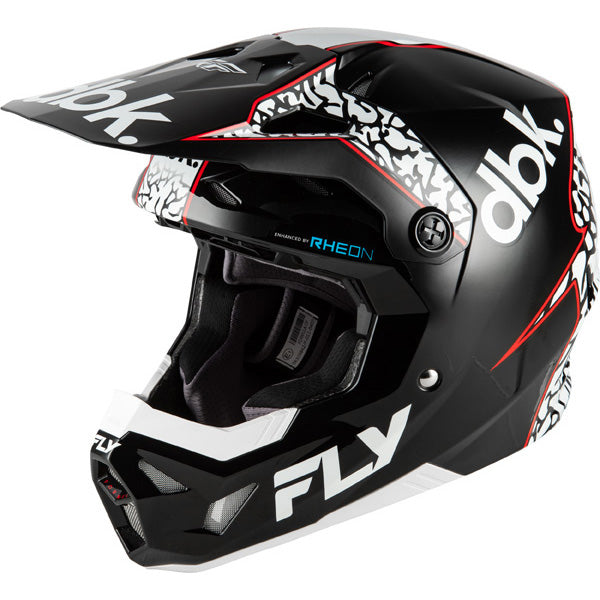 Studio view of fly racing , in black and white and red, protective shell, on a white studio background, for motocross / off‑road use, | Fly Racing - Formula CP DBK Helmet | SKU 73-0044 | Colors: Black/White/Red | Sizes: XS to 2X | Available at BTO Sports