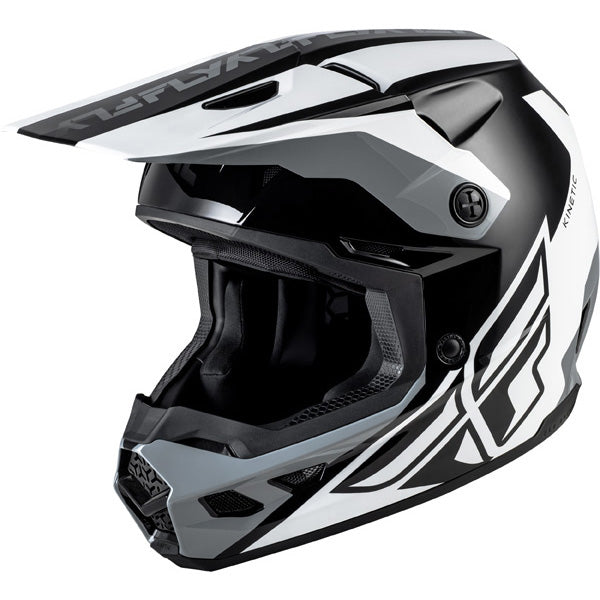 Studio view of fly racing , in black and white and grey, protective shell, on a white studio background, for motocross / off‑road use, | Fly Racing - Kinetic Crest Helmet | SKU 73-8674 | Colors: Red/Black/White, Grey/Black/Blue, Black/White/Grey, Grey/Black/Hi-Vis | Sizes: XS to 2X | Available at BTO Sports