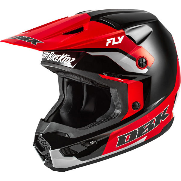 Studio view of fly racing , in black and red and grey, protective shell, on a white studio background, for motocross / off‑road use, | Fly Racing - Kinetic DBK Helmet | SKU 73-8678 | Colors: Black/Red/Grey | Sizes: XS to 2X | Available at BTO Sports