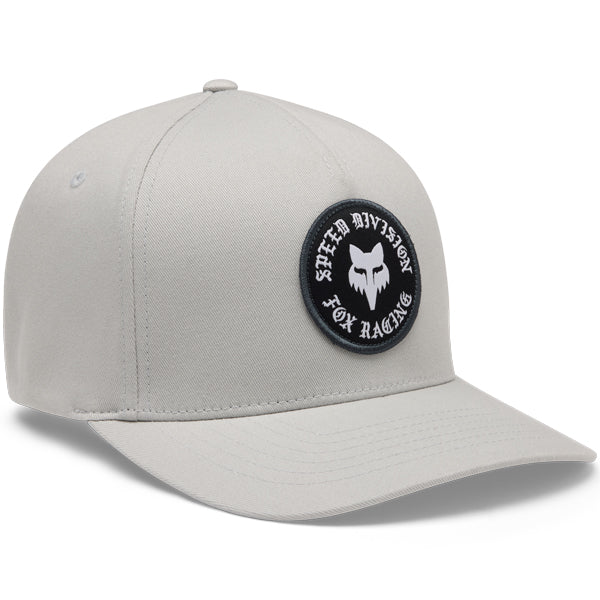 Fox Racing Badge Flexfit Hat mountain bike gear in Light Grey detail view sku 38469-097