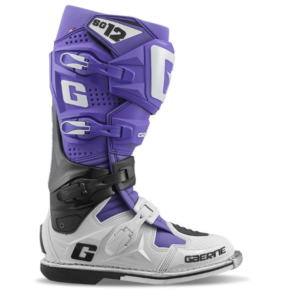 Professional studio photo of Gaerne, SG-12 LE Boots, Product image of Gaerne MX25 480 570 SG12 LE Boots PurBlkWht 1 motocross boots showing design and colorway, front view, Colors: Purple/Black/White, Sizes: 8–13, SKU 480-570