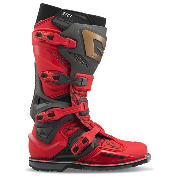 Clean studio shot of Gaerne, SG-22 LE Magma MJK Boots, Product image of Gaerne MX25 480 666 SG22 LE Magma MJK Boots RdBlkGld 1 motocross boots showing design and colorway, front view, Colors: Red/Black/Gold, Sizes: 8–13, SKU 480-666