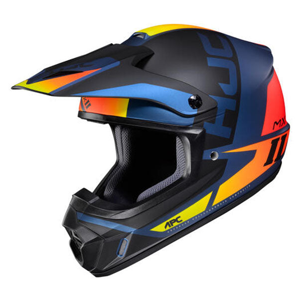 studio product photo of HJC SKU 871292703 in Red/Blue/Yellow, sizes XS, SM, MD, LG, XL for motocross helmet, dirt bike, off road.