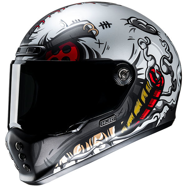studio product photo of HJC SKU 829113103 in Grey/Black/Red, sizes XS, SM, MD, LG, XL for motocross helmet, dirt bike, off road.