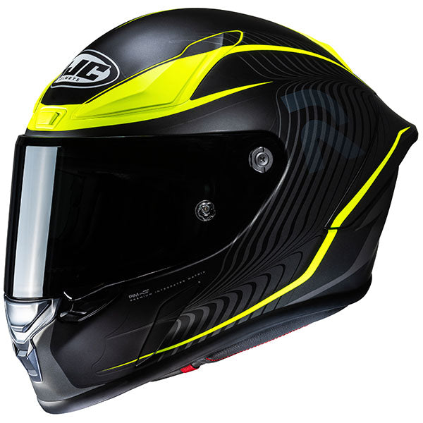 studio product photo of HJC SKU 809213303 in Black/Hi-Viz Yellow, sizes XS, SM, MD, LG, XL for motocross helmet, dirt bike, off road.