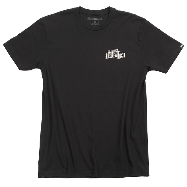 Crisp studio image on a white background of Fasthouse Hell Raiser Tee; showing tee fit, printed graphics, and crew neckline; SKU 3211230004; Sizes: S-3XL