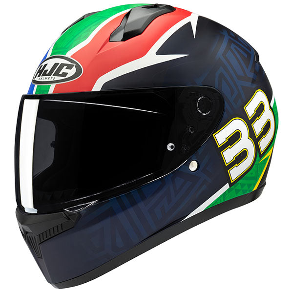 studio product photo of HJC SKU 825133403 in Black/Blue/Green/Red, sizes XS, SM, MD, LG, XL for motocross helmet, dirt bike, off road.