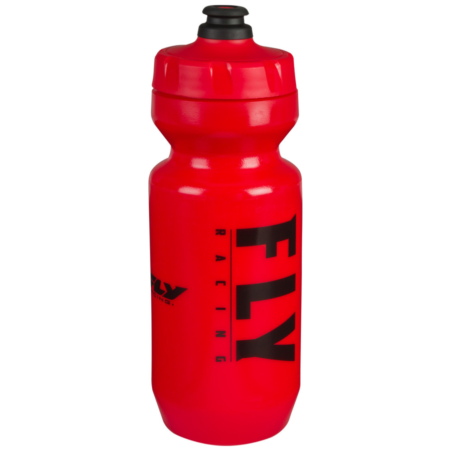 Red water bottle with 'Fly' branding on a white background
